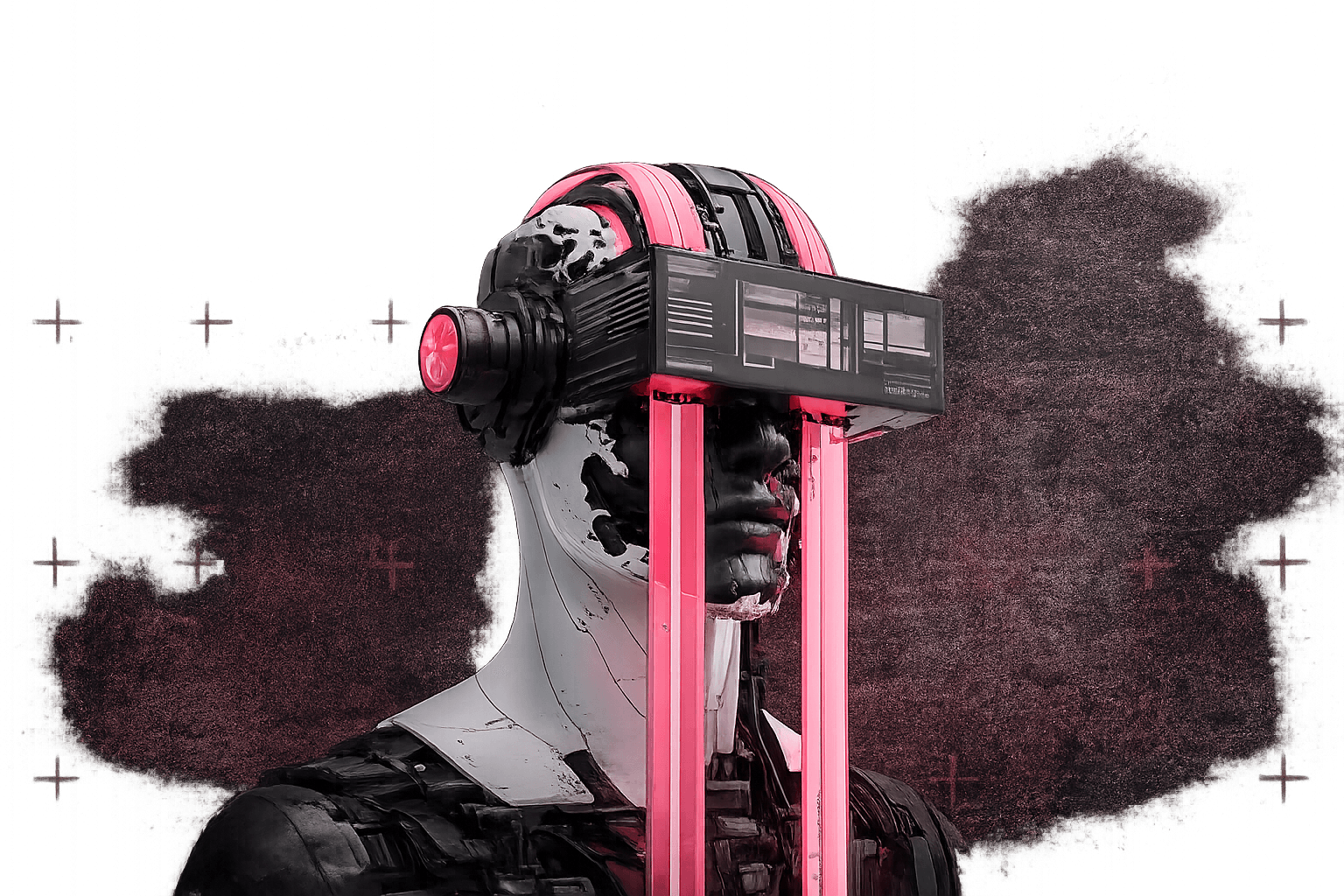 Cyborg head with pink ribbons and VR visor